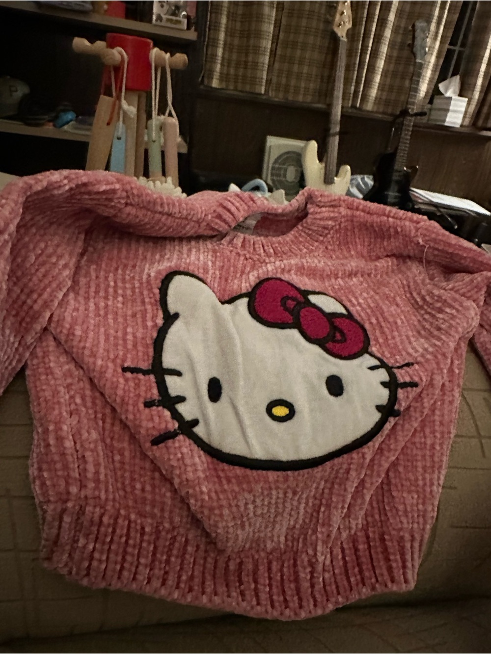 Hello Kitty Pink Plush Pullover Sweater with Bow Graphic